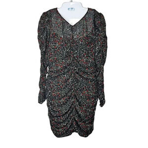 New LUSH Ruched Black Olive Orange Floral Long Sleeve Mini Short Dress Women's L
